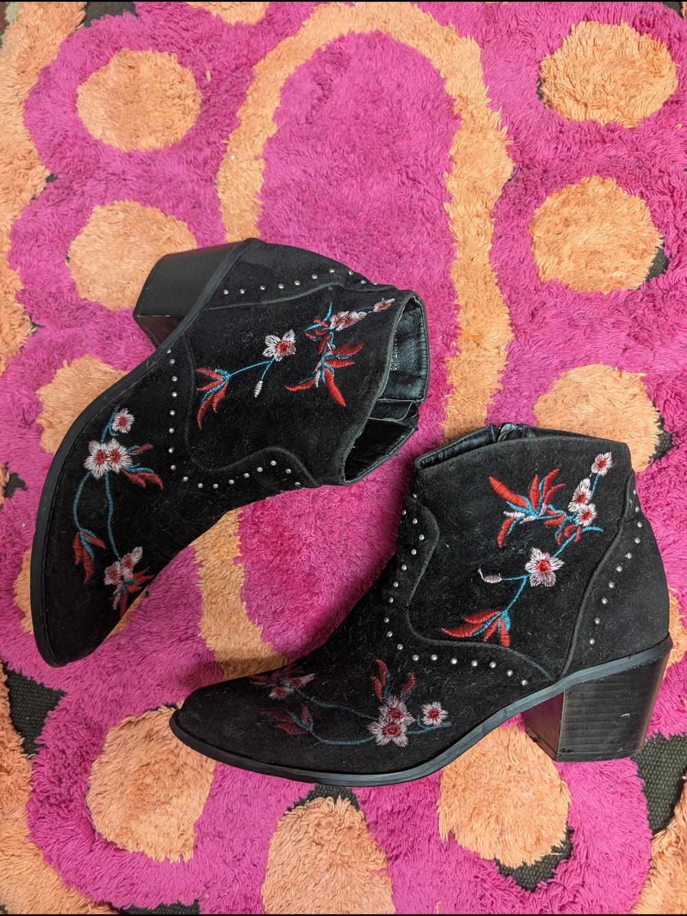 Yoki Black Velvet Ankle Booties with Red & White Floral Embroidery
